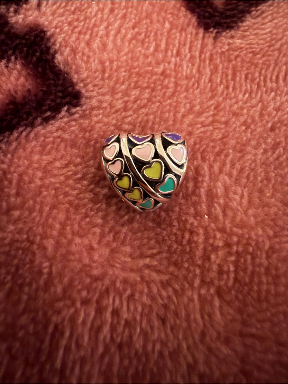 Pandora Silver Heart Charm with Pink, Purple, Yellow and Teal Enamel Hearts
